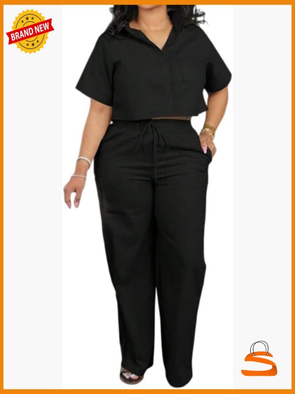 Women's 2 Piece Linen Set Crop Top Wide Leg Pants
